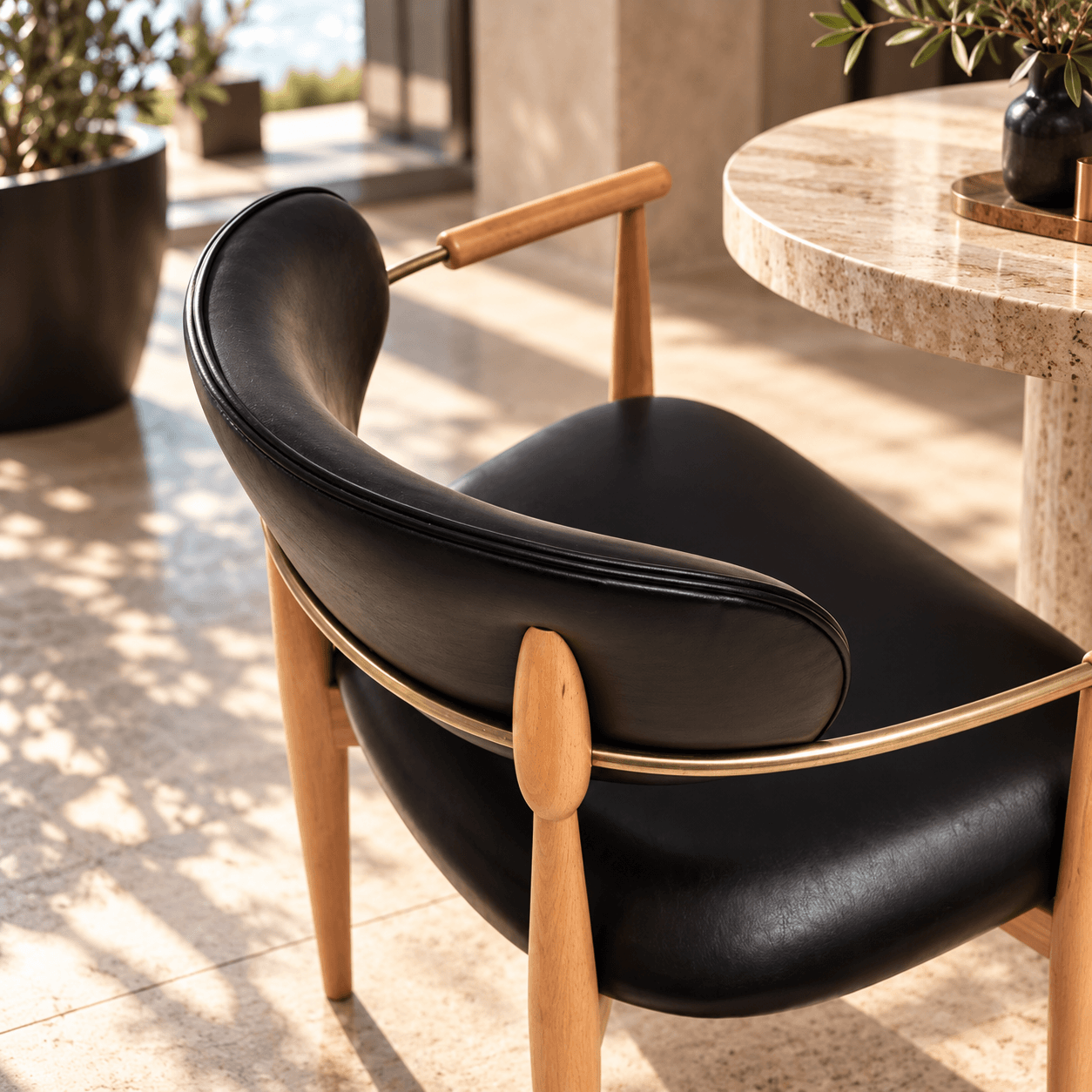 Black leather chair with oak legs beside a stone table in sun
