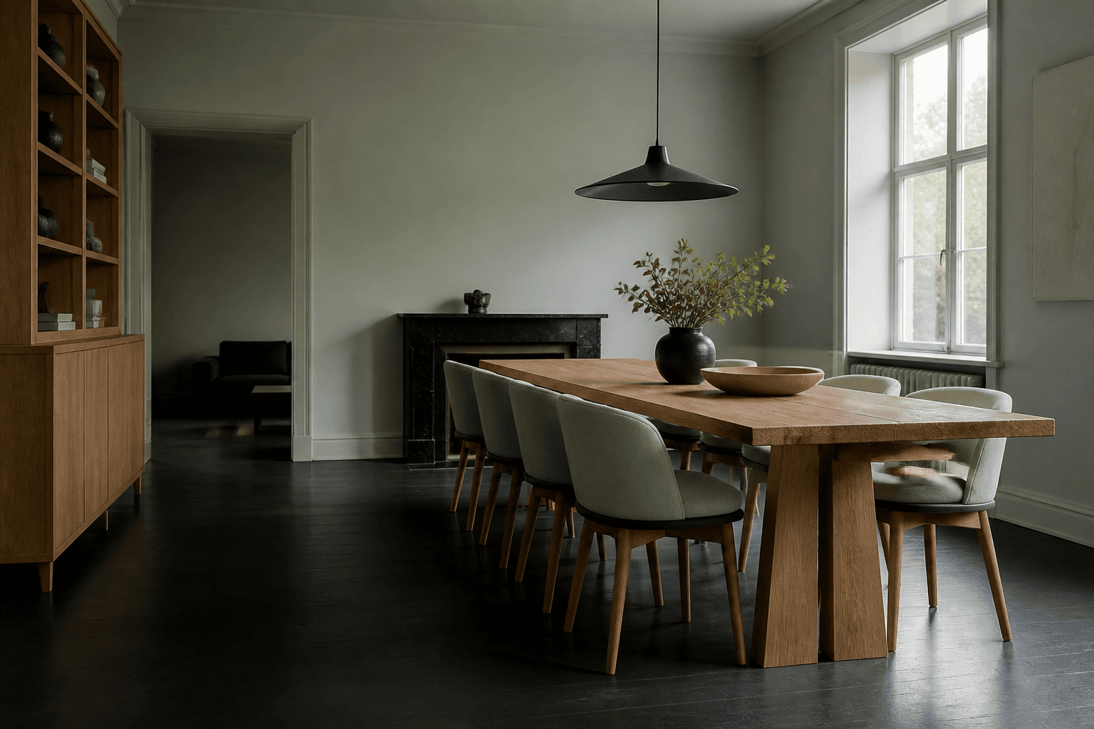 Eight Seat table set in a cool north-lit dining room