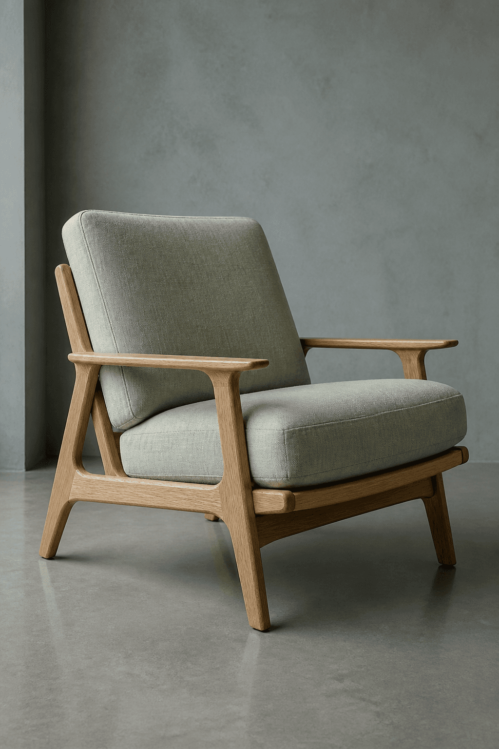Sage linen lounge chair with an oak frame