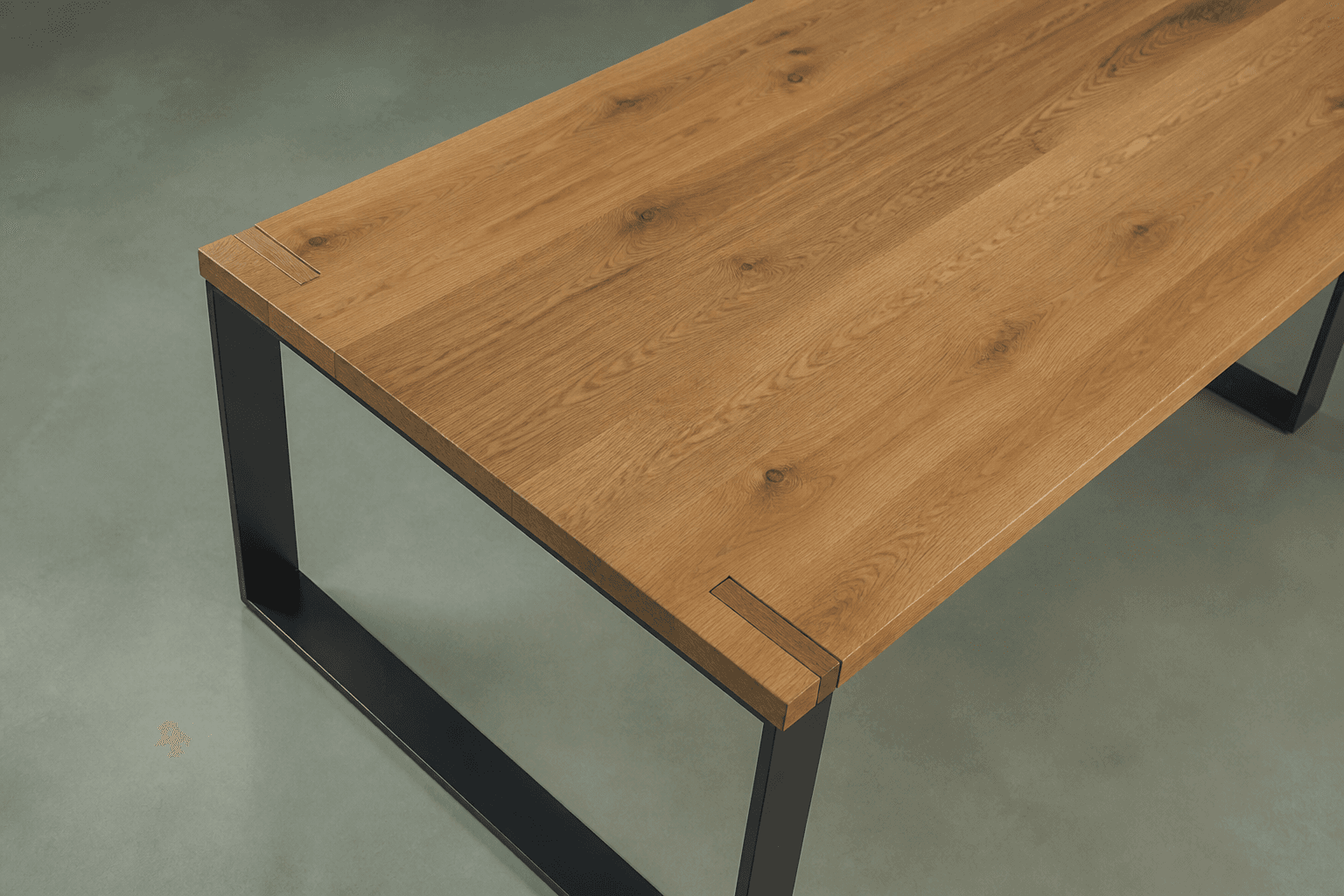 Solid oak dining table with blackened steel legs