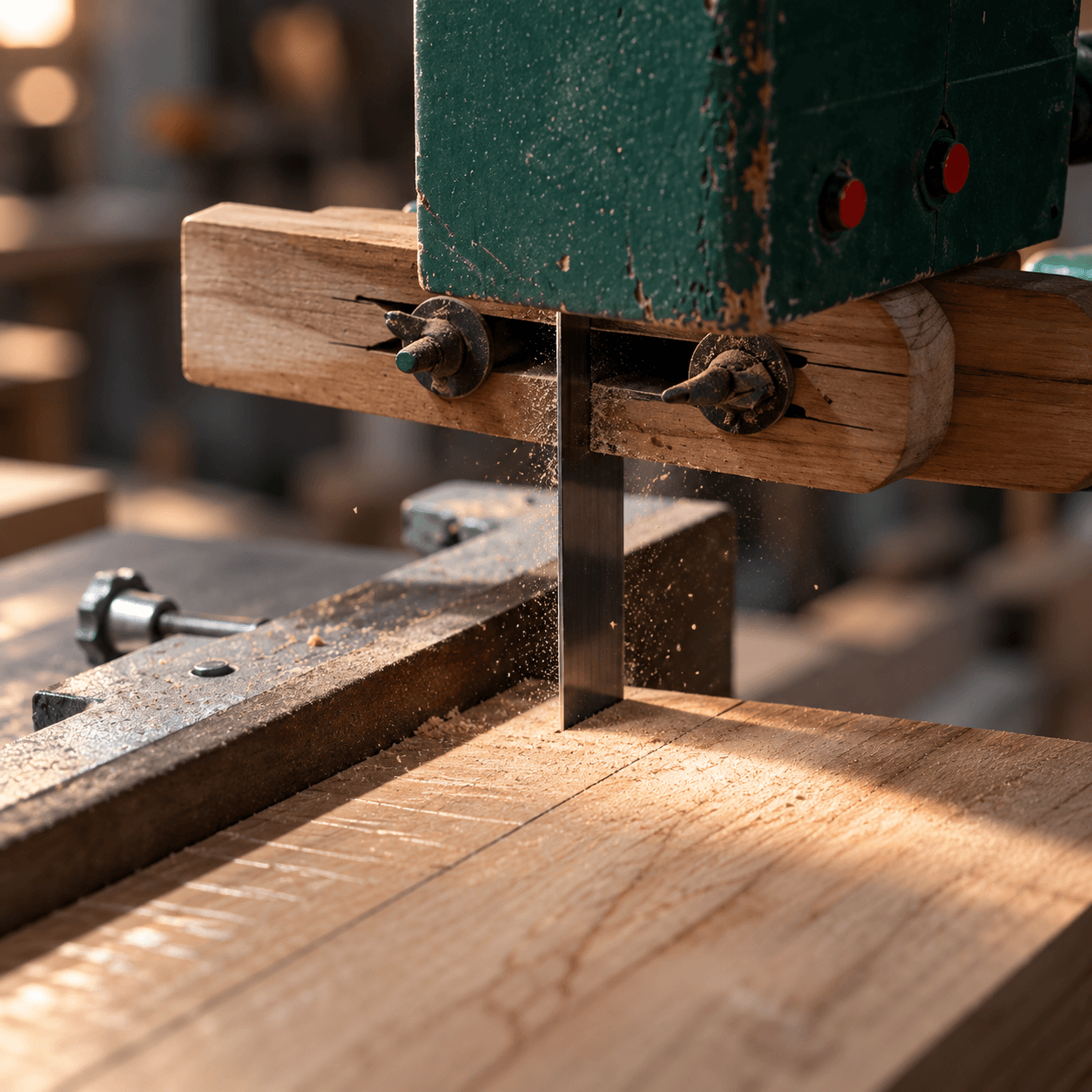 Bandsaw cutting a thick oak slab in the Meka workshop