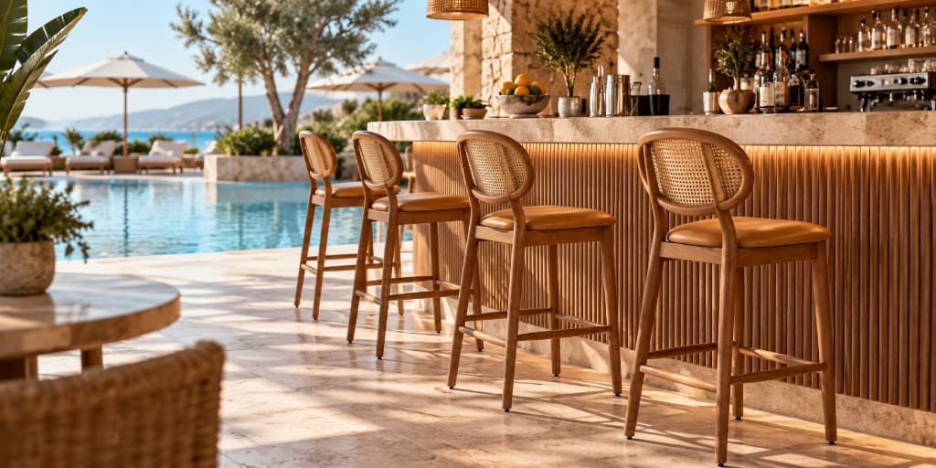 Outdoor poolside bar with oak stools, a stone counter, and the sea beyond